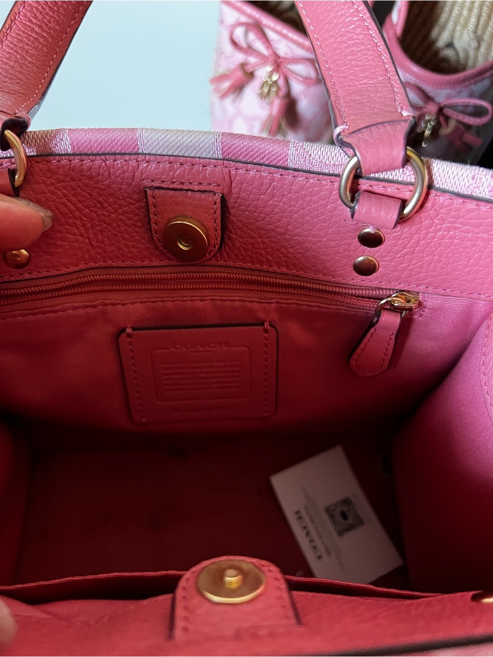 COACH Pink Signature Logo Satchel with Striped Detail - Picture 6 of 6
